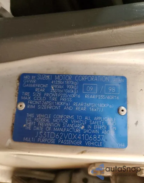 1999 Suzuki Grand Vitara Jx z USA, uszkodzony, nr VIN JS3TD62V0X4106837